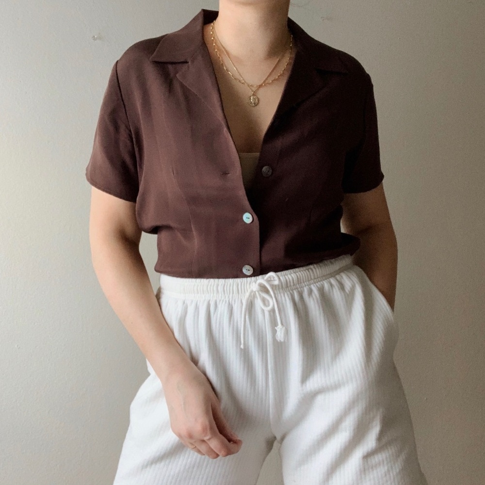 Brown 100% Silk Button Up Top